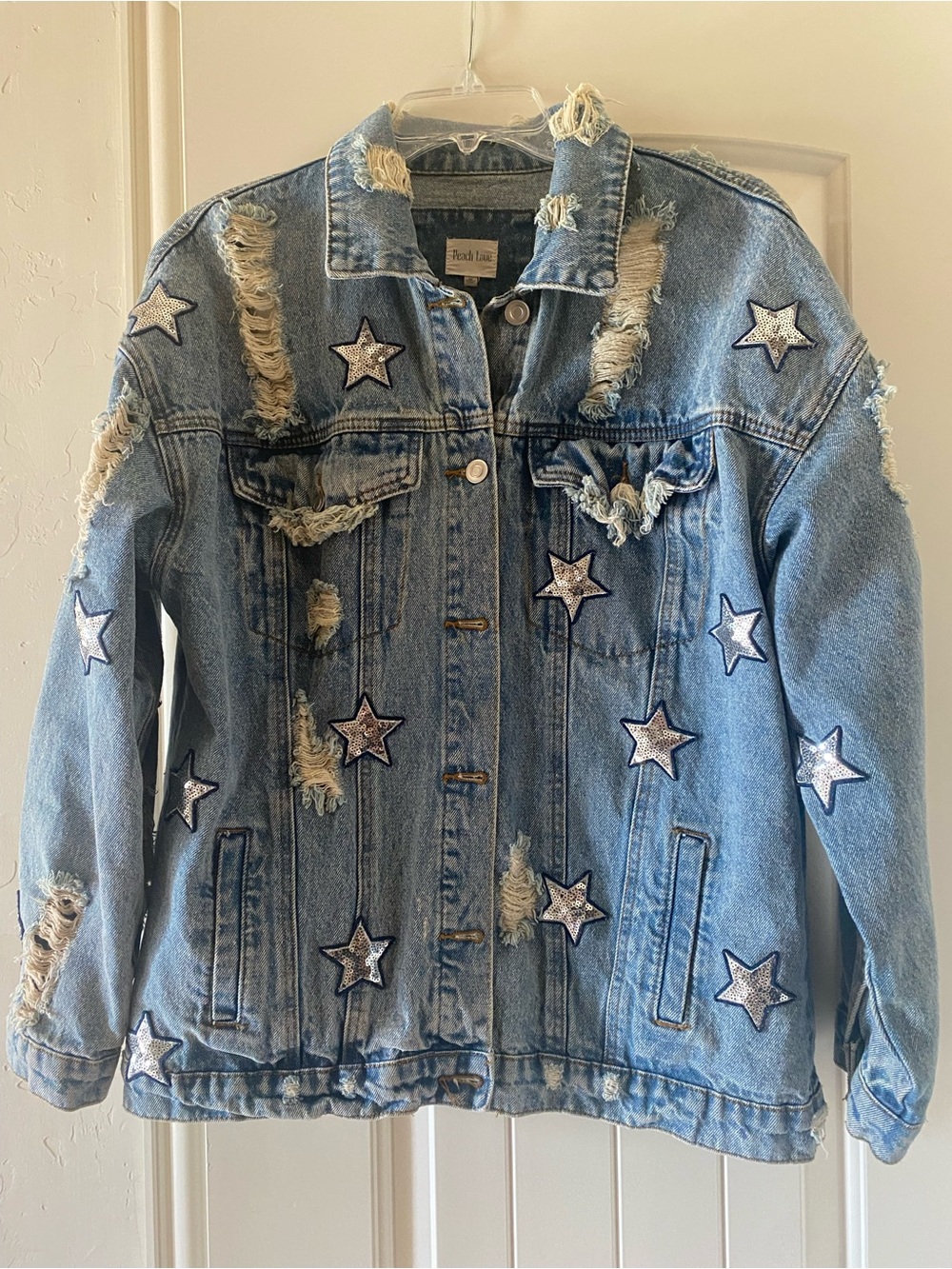 Distressed Light Blue Star Patch Boutique Denim Jacket